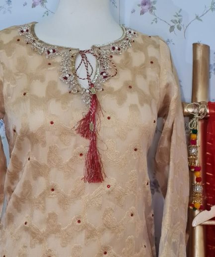 Beautiful Golden Jacquard Dress With Hand Work