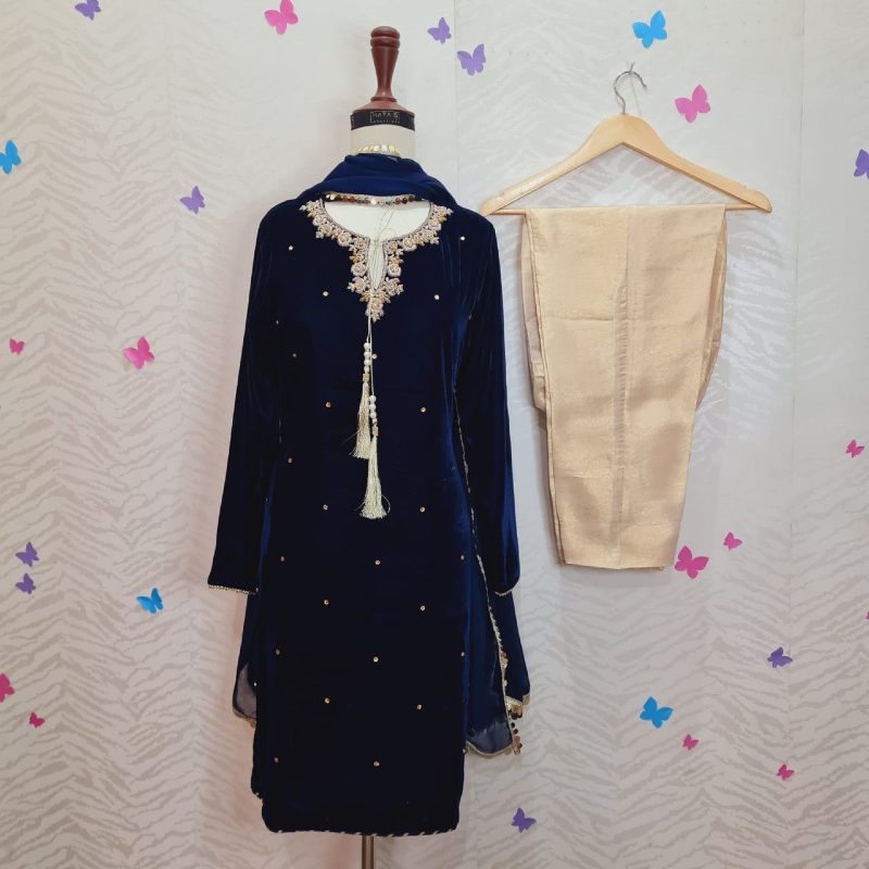 Micro Velvet 3pc Navy Blue Dress