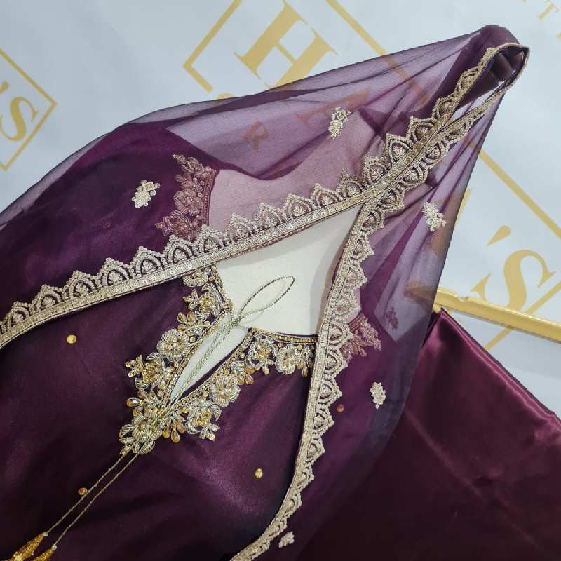 Plum Shade Two Tone Organza with Golden Work and Embroidered Dupatta zoom