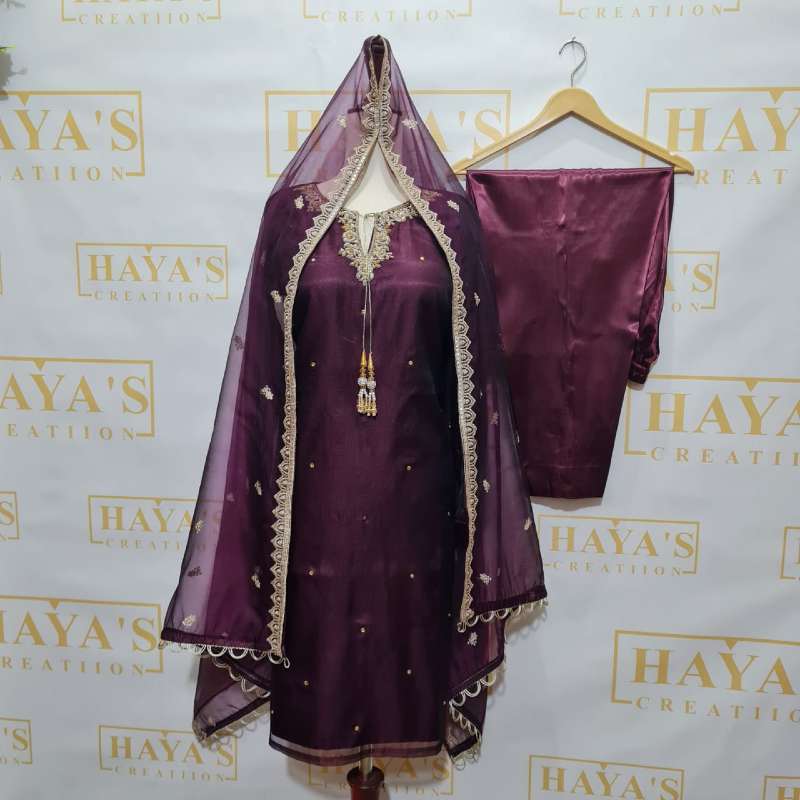 Plum Shade Two Tone Organza with Golden Work and Embroidered Dupatta
