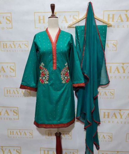 Fresh 3pc Sea Green Embroidered Dress
