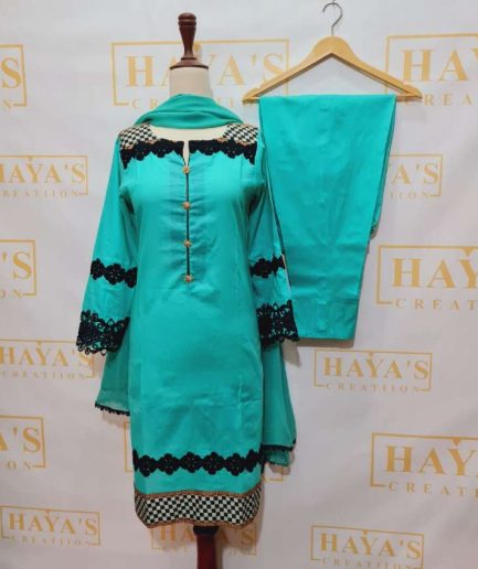 Aqua Green Lawn Dress Embellished with Heavy Lacework