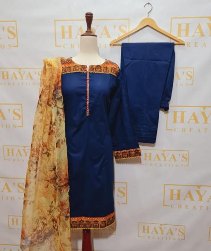 3pc Navy Blue Lawn Suit with Printed Patti Work