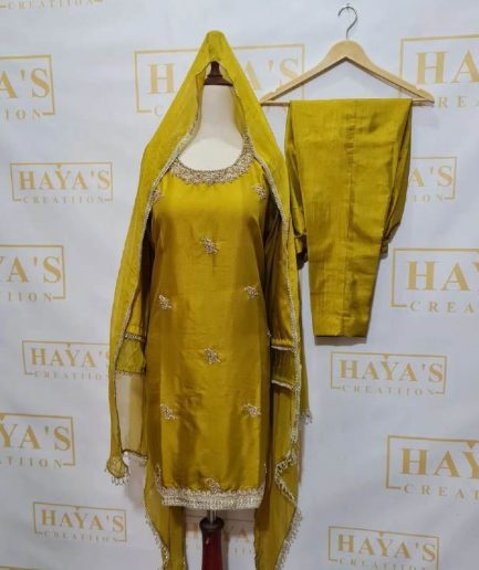 Beautiful 3pc Handwork Katan Silk Mustard Suit