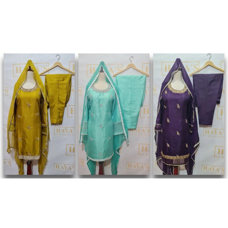 Beautiful 3pc Handwork Katan Silk Suits