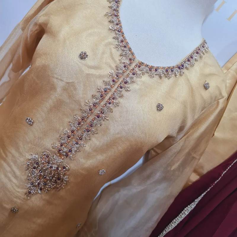 Glitter Khaadi Net Shirt with Beautiful Dabka Work Heavy Neckline
