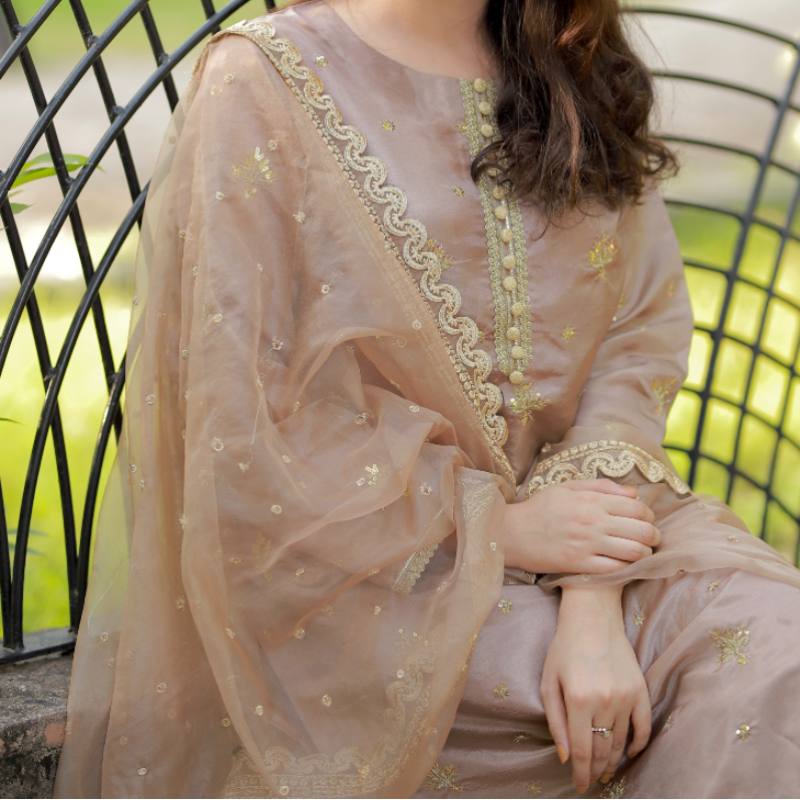 3 Piece Katan Silk Outfit With Lacework On The Neckline Hayas Creation