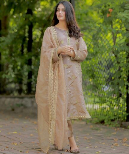 3 Piece Katan Silk Outfit With Lacework On the Neckline zoom 1