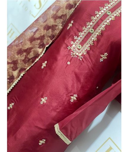 Beautiful 3 Piece Maroon Dress on Katan Silk Zoom