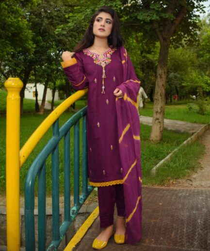 3 Piece Dress Plum with Mustard Multi Color Embroidery on Neckline