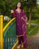 3 Piece Dress Plum with Mustard Multi Color Embroidery on Neckline