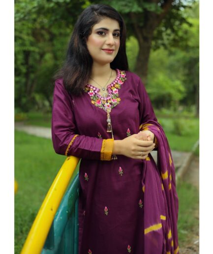 3 Piece Dress Plum with Mustard Multi Color Embroidery on Neckline Zoom