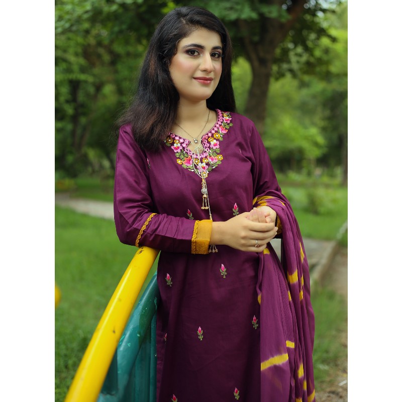 3 Piece Dress Plum with Mustard Multi Color Embroidery on Neckline Zoom