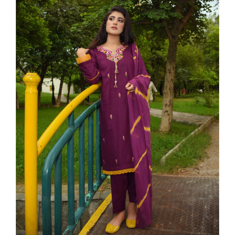 3 Piece Dress Plum with Mustard Multi Color Embroidery on Neckline