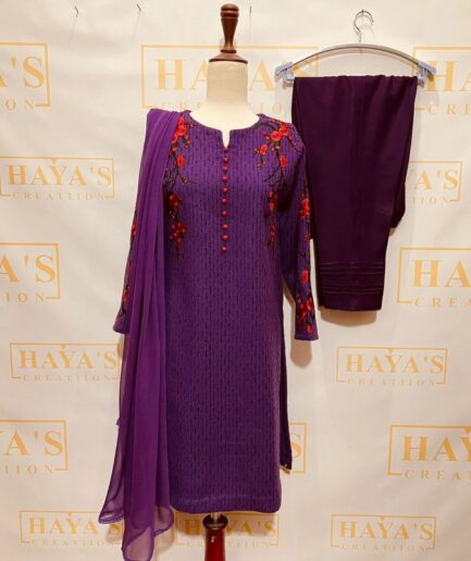 Classy 3-piece Purple Woolen Dress with Beautiful Embroidery Work