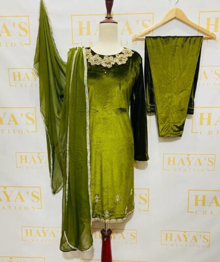 3 Piece Mehndi Green Velvet Dress