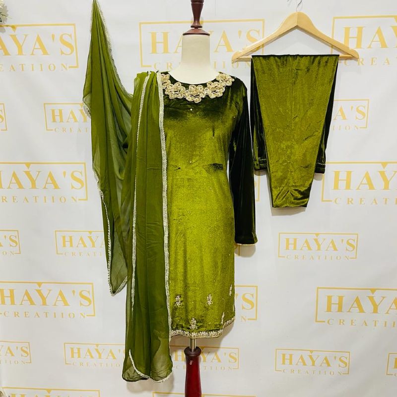 3 Piece Mehndi Green Velvet Dress