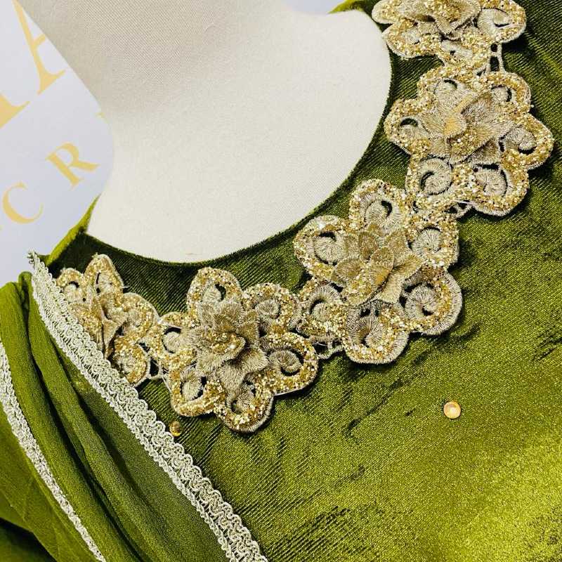 Mehndi Green Velvet Dress Embroidery