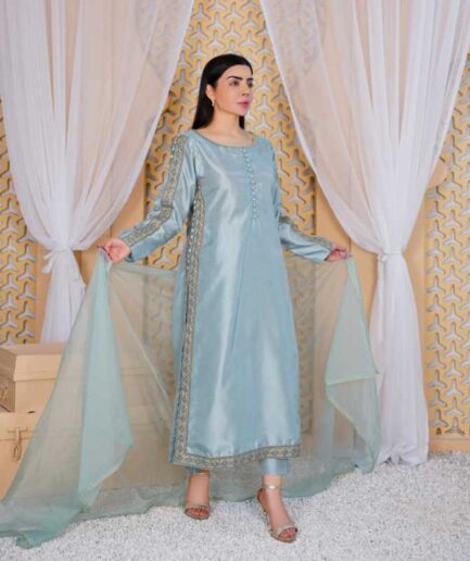 3 Piece Aqua Blue Raw Silk Dress