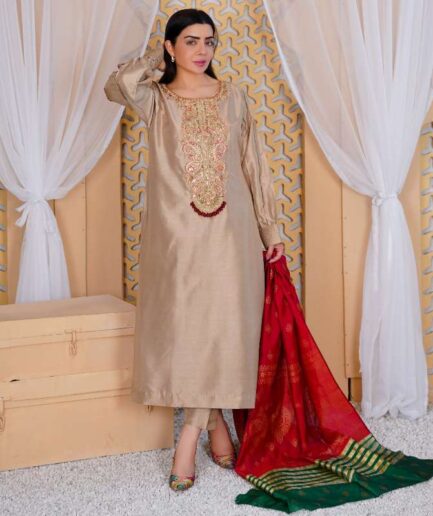 3 Piece Hand Worked Golden Raw Silk Dress