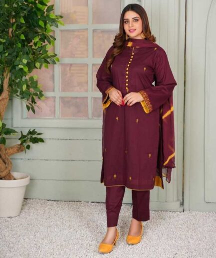 3 Piece Egyptian Wine Berry Lawn Dress