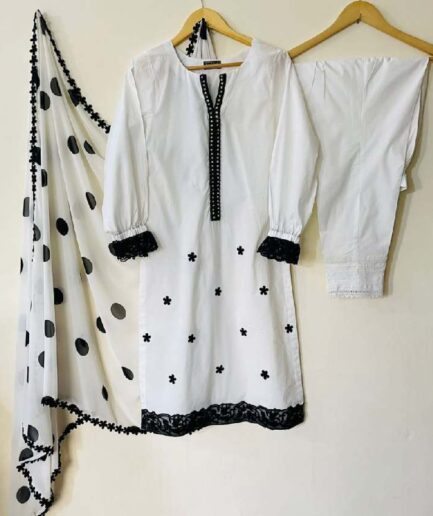 3 piece Embroidered Black & White Lawn Dress