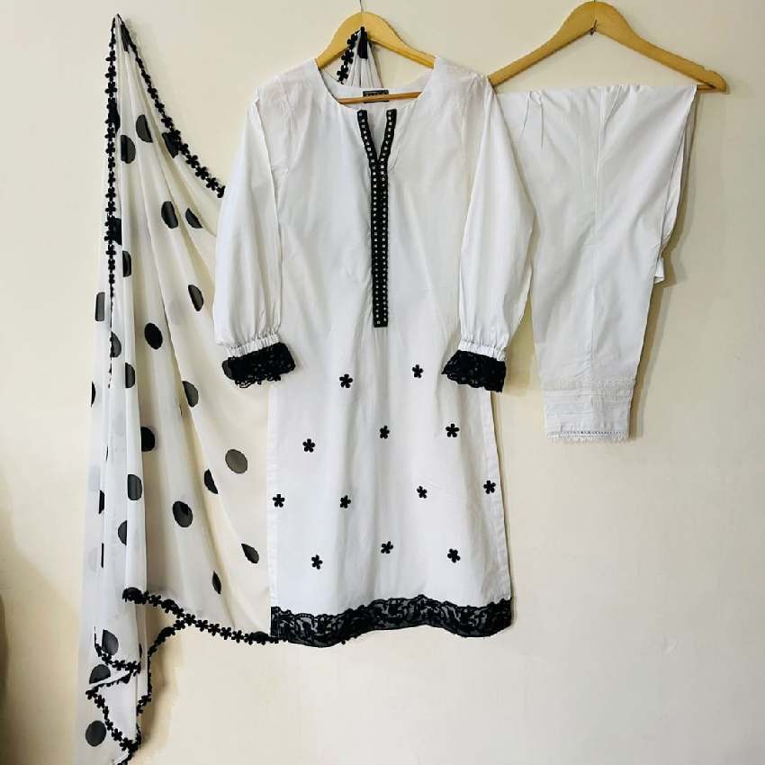 3 piece Embroidered Black & White Lawn Dress