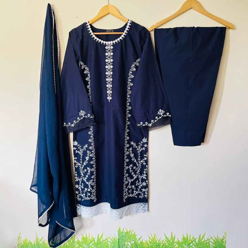 3-piece Embroidered Navy Blue Lawn Dress with matching Lawn Trousers and a beautiful laced Chiffon dupatta.