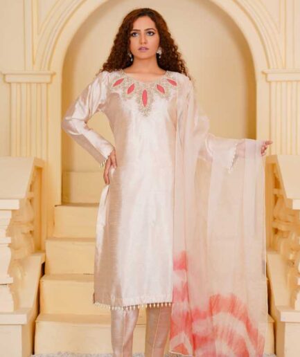 3-piece Hand-worked Powder Pink Raw Silk Dress with Dyed Dupatta made of Soft Organza and Matching Raw Silk Trousers.
