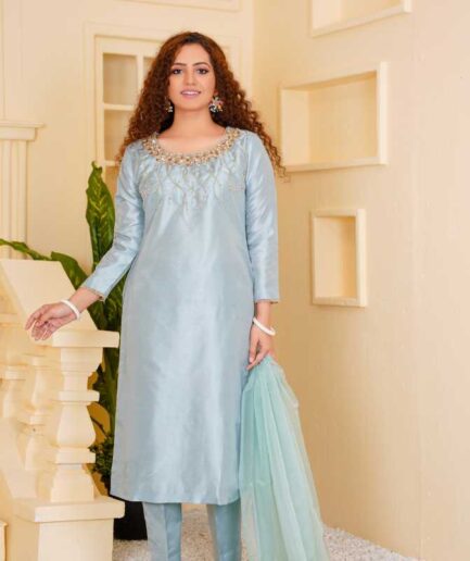 3-piece Hand-worked Aqua Blue Raw Silk Dress with Soft Organza Dupatta and Matching Raw Silk Trousers.