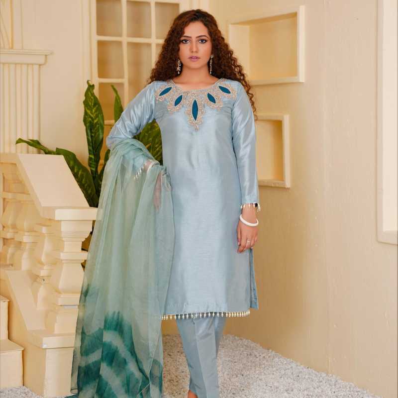 3-piece Hand-worked Aqua Blue Raw Silk Dress with Dyed Dupatta made with Soft Organza and Matching Raw Silk Trousers.