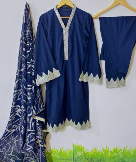 3-piece Navy Blue Lawn Dress with Paste Printed Chiffon Dupatta and Matching Lawn Trousers.