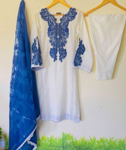 3-piece White and Blue Lawn Dress with a blue Broshia Dupatta and matching white lawn trousers.