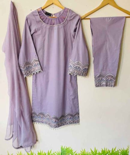 3-piece Twilight Purple Lawn Dress with Elegant Chiffon Dupatta and matching Trousers.