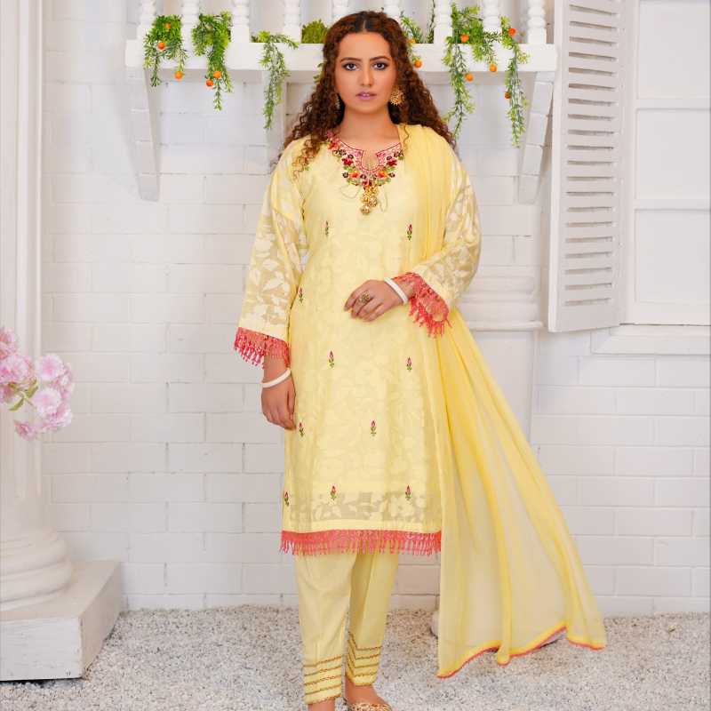 3-piece Embroidered Lemon Broshia Lawn Dress with incredible Chiffon dupatta and matching trousers.