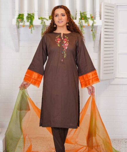 3-piece Embroidered Brown Lawn Dress with beautiful Multi-hued Organza Dupatta and Matching Lawn Trousers.