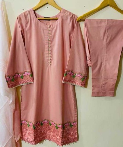3-piece Embroidered Tea Pink Lawn Dress with a soft Chiffon Dupatta and Matching Lawn Trousers.