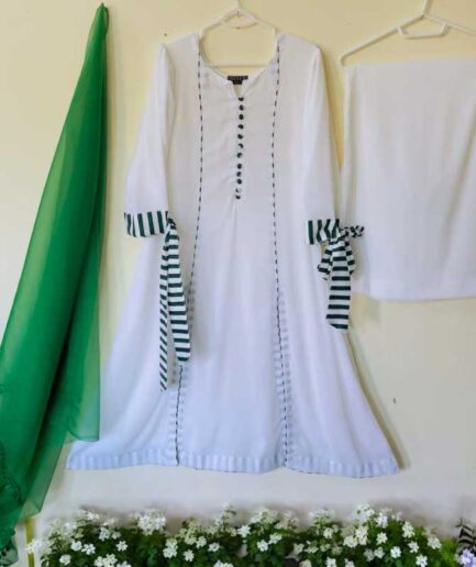 3-piece White and Green Chiffon Maxi Dress.