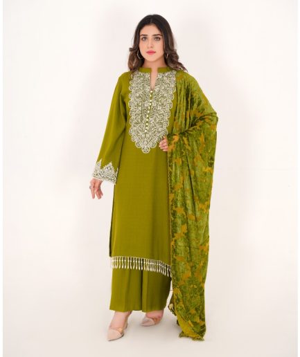 3-piece Embroidered Mehndi Green Dhanak Mareena Dress