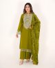 3 piece Embroidered Mehndi Green Dhanak Mareena Dress