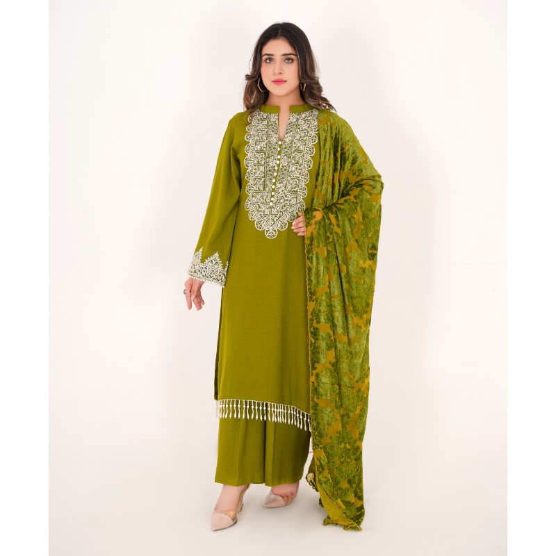 3-piece Embroidered Mehndi Green Dhanak Mareena Dress