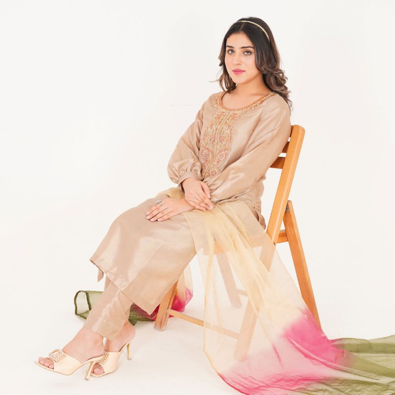 3-piece Embroidered Golden Raw Silk Dress with Soft Organza Dupatta and Matching Raw Silk Trousers.