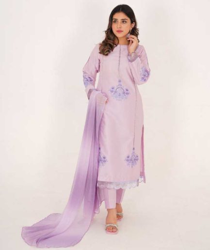 3-piece Embroidered Twilight Purple Raw Silk Dress with Dyed Chiffon Dupatta and Matching Raw Silk Trousers.