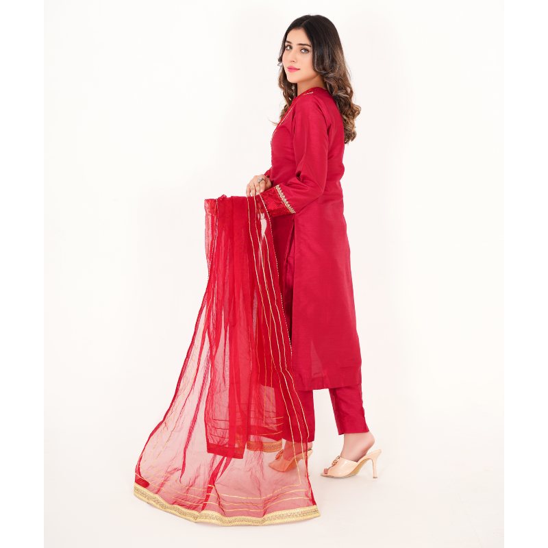 3 Piece Embroidered Maroon Raw Silk Dress with Organza Dupatta Front Side View