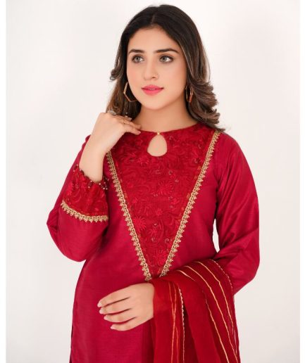 3 Piece Embroidered Maroon Raw Silk Dress with Organza Dupatta Front Zoom