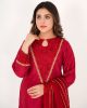 3 Piece Embroidered Maroon Raw Silk Dress with Organza Dupatta Front Zoom