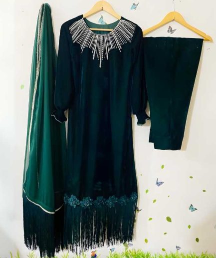 3-piece Bottle Green Velvet Dress with Chiffon Dupatta and Velvet Trousers.