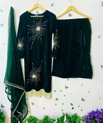 3-piece Hand-worked Bottle Green Velvet Dress with Chiffon Dupatta and Velvet Plazo.