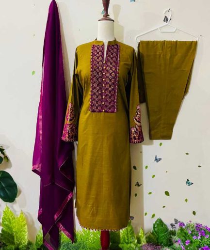 3-piece Mustard Khaddar Dress with Mustard Khaddar Trousers and a Plum Chiffon Dupatta.