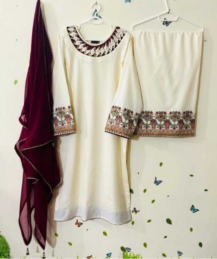 3-piece Off-white Dhanak Mareena Dress with a Matching Off-white Mareena Plazo and Maroon Chiffon Dupatta.